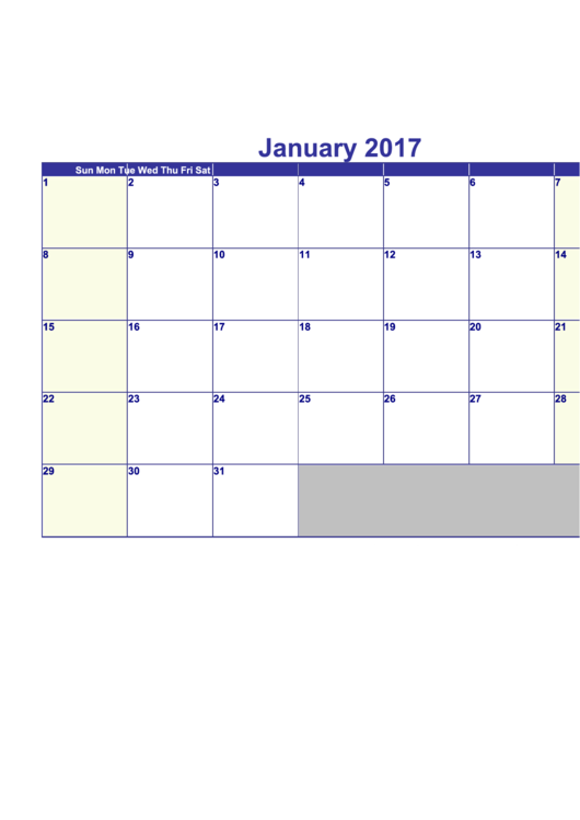 Calendar Template - January 2017 Printable pdf