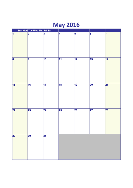 May 2016 Calendar Template - Vertical Printable pdf