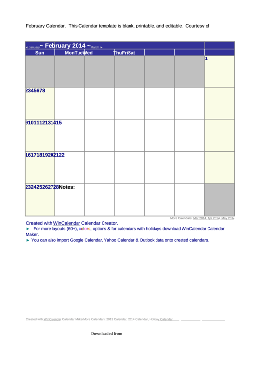 February 2014 Calendar Template