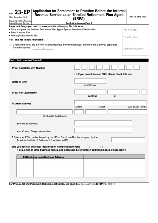 Fillable Form 23-Ep - Application For Enrollment To Practice Before The Internal Revenue Service As An Enrolled Retirement Plan Agent (Erpa) Printable pdf