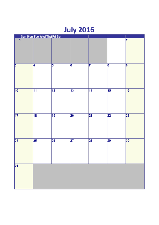 July 2016 Calendar Template - Vertical Printable pdf