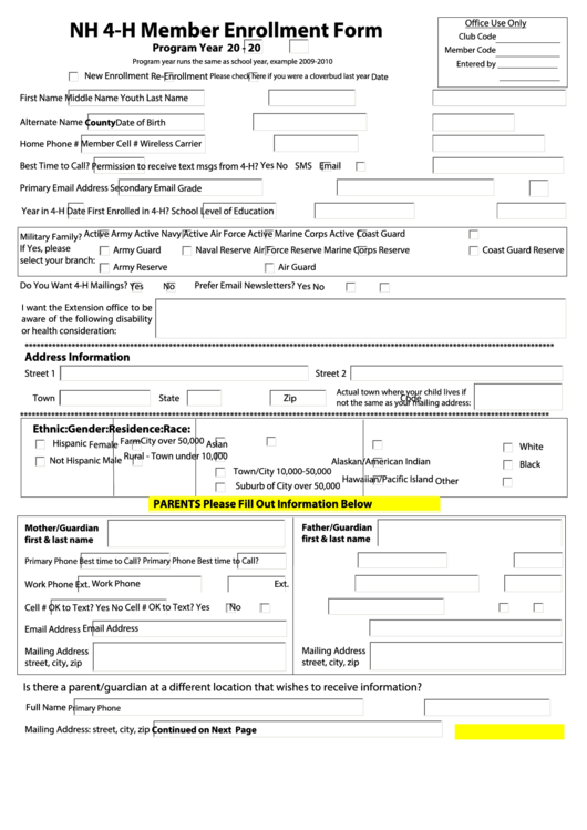 Fillable Nh 4-H Member Enrollment Form Printable pdf