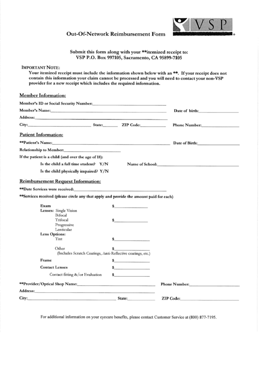 Fillable Out-Of-Network Reimbursement Form Printable pdf