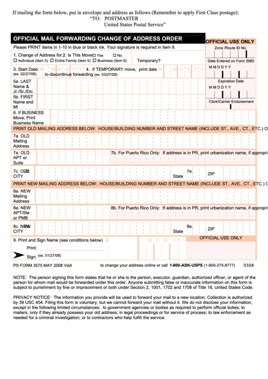 Form 3575 - Usps - Change Of Address Template Printable pdf
