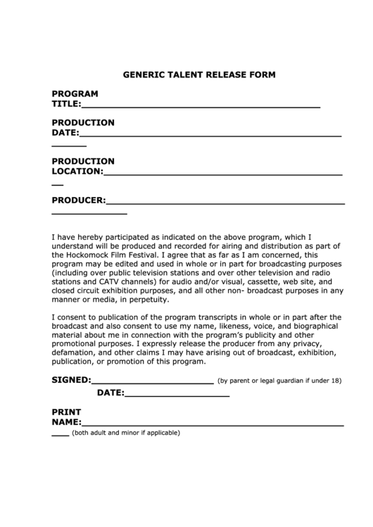 Generic Talent Release Form Printable pdf