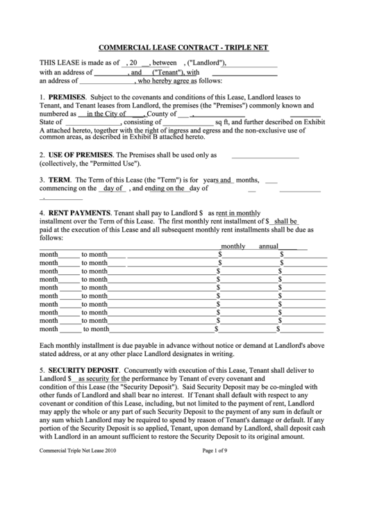 Fillable Commercial Lease Contract - Triple Net Printable pdf