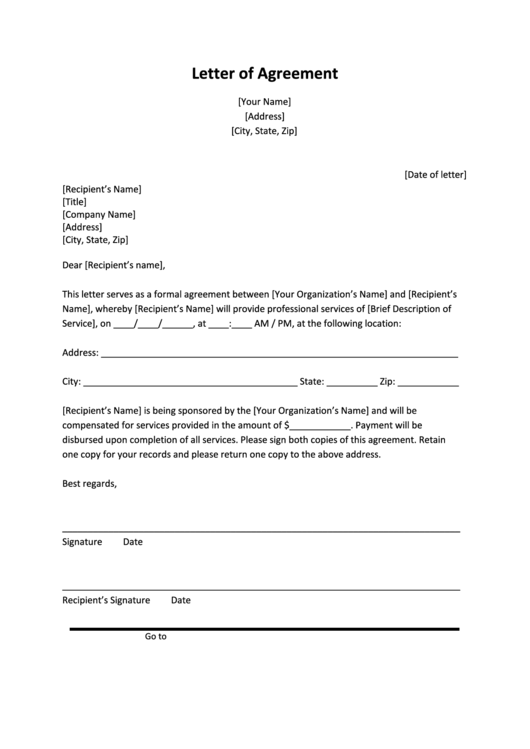 Letter Of Agreement Printable pdf