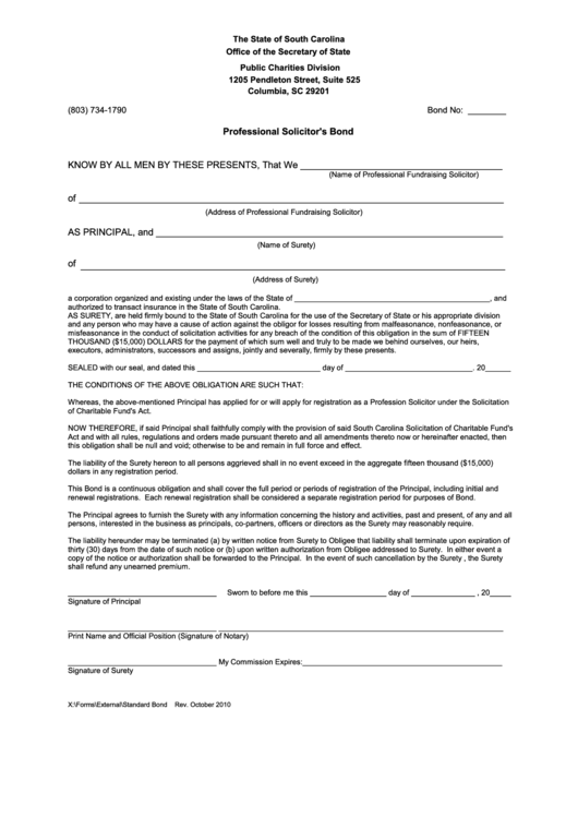 Fillable Professional Solicitors Bond - South Carolina Secretary Of State Printable pdf