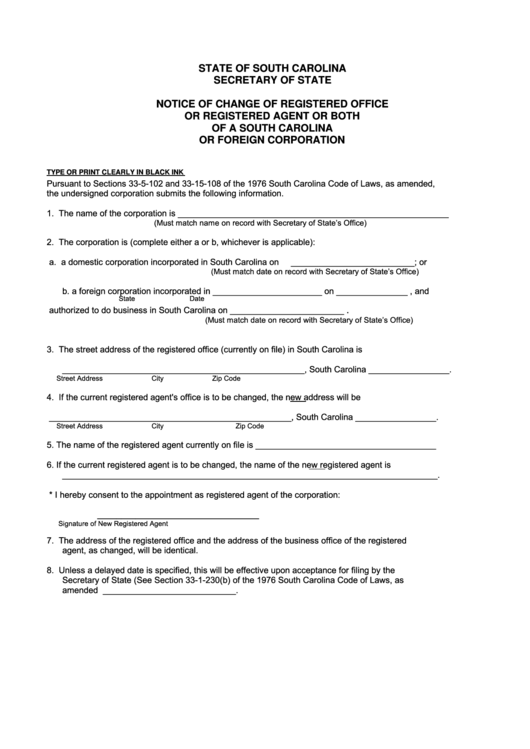 Fillable Notice Of Change Of Registered Office Or Registered Agent Or Both Of A South Carolina Or Foreign Corporation Template - South Carolina Secretary Of State Printable pdf