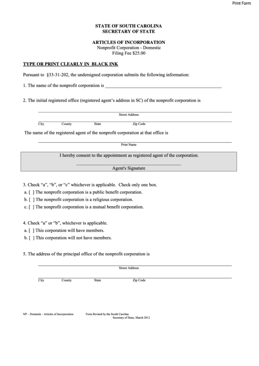 Fillable Articles Of Incorporation Form - South Carolina Secretary Of ...