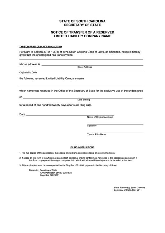 Fillable Notice Of Transfer Of A Reserved Limited Liability Company Name - South Carolina Secretary Of State Printable pdf
