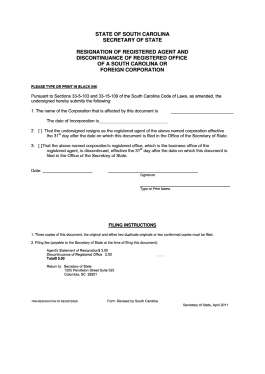 Fillable Resignation Of Registered Agent And Discontinuance Of Registered Office Of A South Carolina Or Foreign Corporation Form - South Carolina Secretary Of State Printable pdf