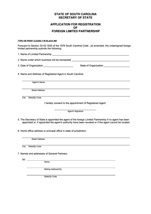 Fillable Application For Registration Of Foreign Limited Partnership - South Carolina Secretary Of State Printable pdf