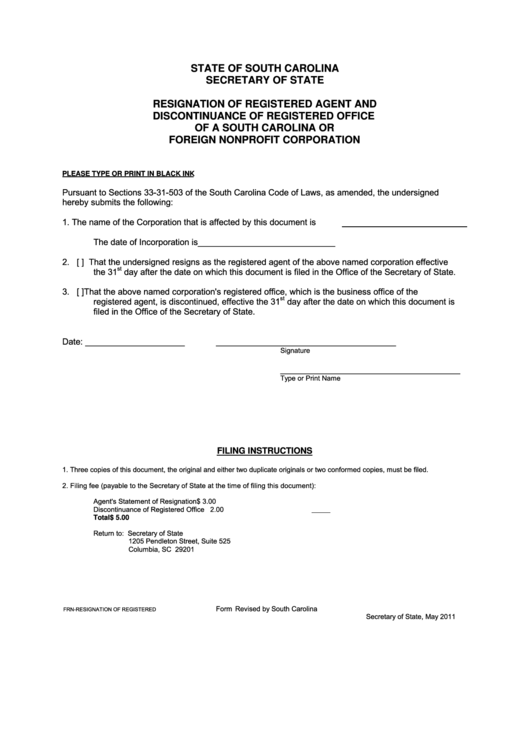Fillable Resignation Of Registered Agent And Discontinuance Of Registered Office Of A South Carolina Or Foreign Nonprofit Corporation Form - South Carolina Secretary Of State Printable pdf