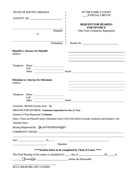Request For Hearing For Divorce One Year Continuous Separation - South Carolina Secretary Of State Printable pdf