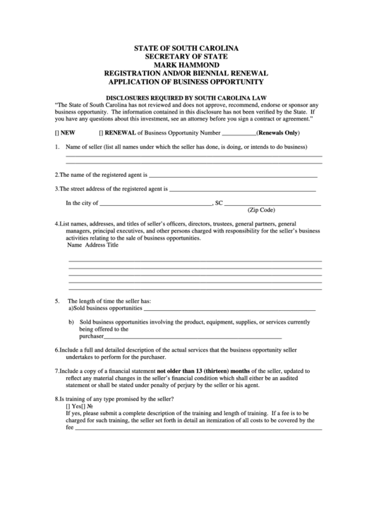 Fillable Registration And Or Biennial Renewal Application Of Business Opportunity - South Carolina Secretary Of State Printable pdf