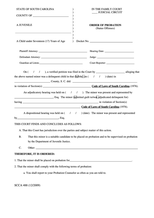 Order Of Probation Form - Status Offenses Printable pdf