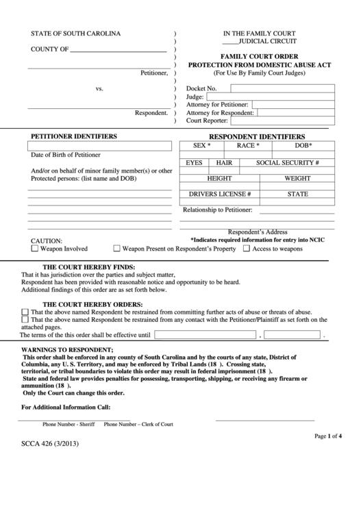 Family Court Order Protection From Domestic Abuse Act Form Printable pdf