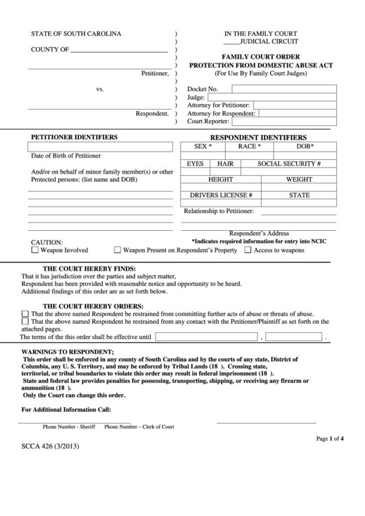 Family Court Order Protection From Domestic Abuse Act Form Printable Pdf Download