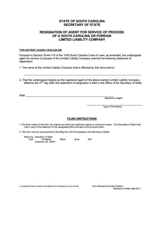 Fillable Resignation Of Agent For Service Of Process Of A South Carolina Or Foreign Limited Liability Company - South Carolina Secretary Of State Printable pdf