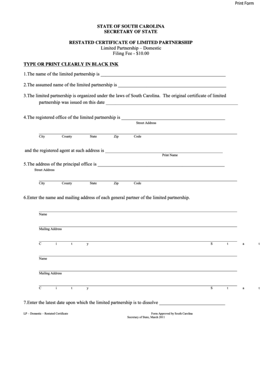 Fillable Form Approved By South Carolina Secretary Of State - Restated Certificate Of Limited Partnership Printable pdf
