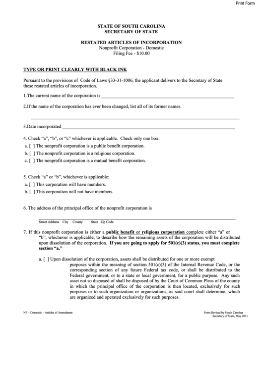 Fillable Restated Articles Of Incorporation Form - South Carolina Secretary Of State - 2011 Printable pdf