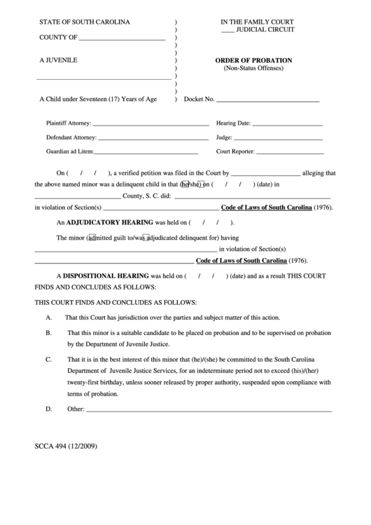 Order Of Probation Form - Non-Status Offenses Printable pdf