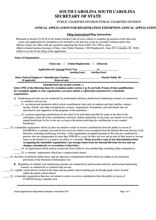 Fillable Annual Application For Registration Exemption South Carolina