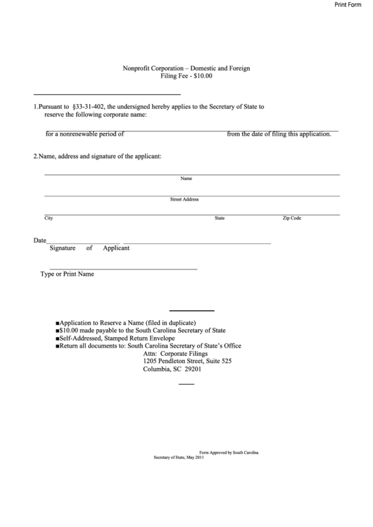 Fillable Application To Reserve A Name - South Carolina Secretary Of State Printable pdf