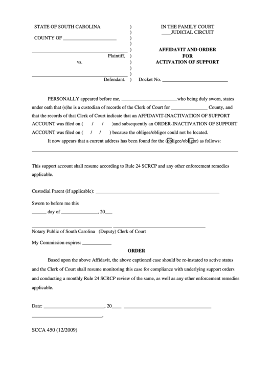 Affidavit And Order For Activation Of Support Printable pdf