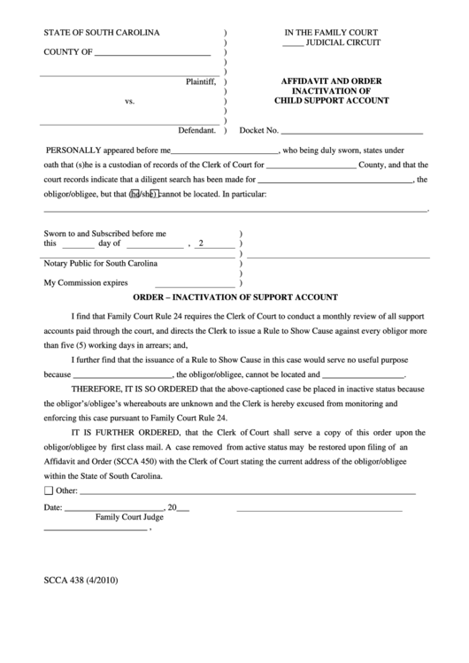 Affidavit And Order Inactivation Of Child Support Account - South Carolina Secretary Of State Printable pdf
