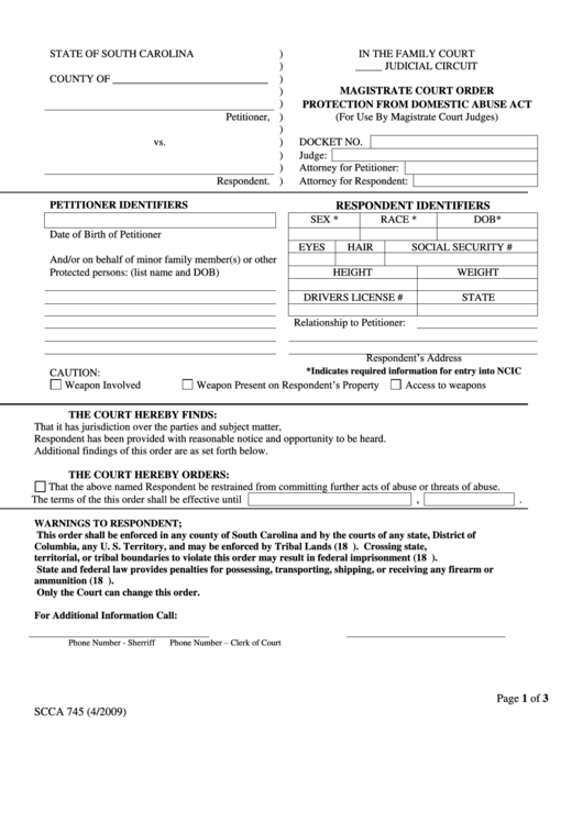 Magistrate Court Order Protection From Domestic Abuse Act Form Printable pdf