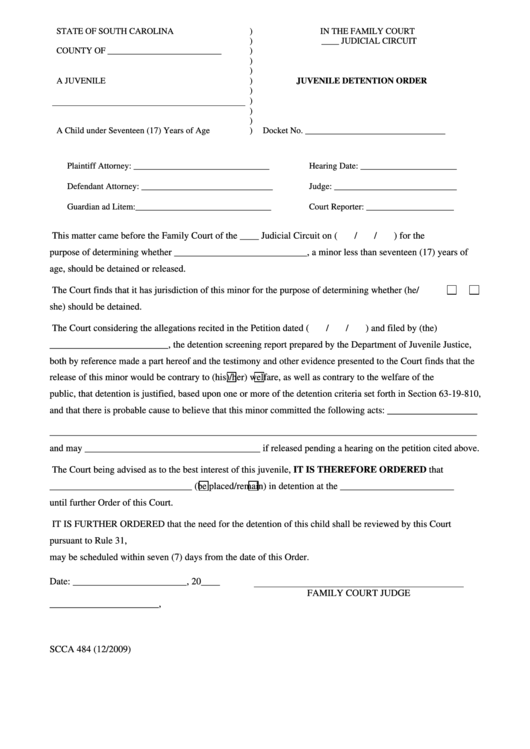 Juvenile Detention Order Printable pdf