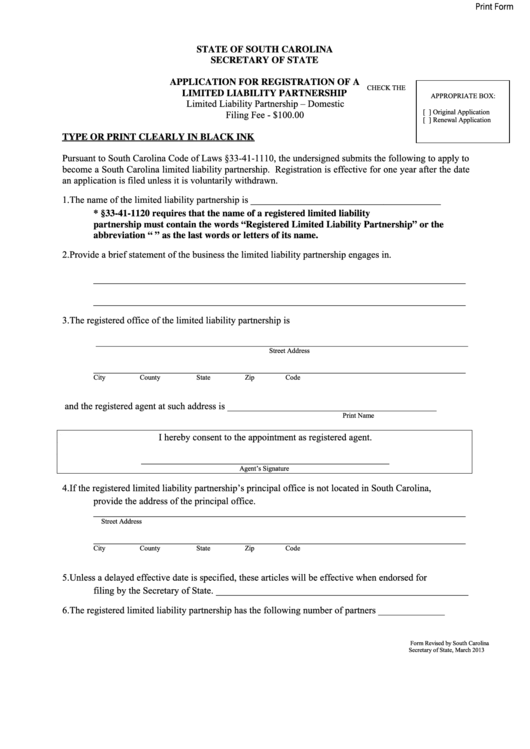 Fillable Application For Registration Of A Limited Liability Partnership Form - South Carolina Secretary Of State Printable pdf