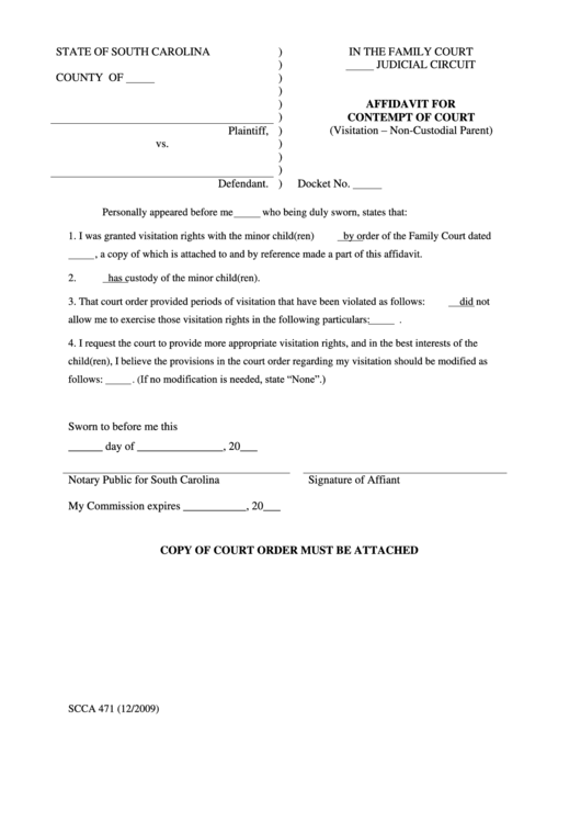 Affidavit For Contempt Of Court Form - Non-Custodial Parent Printable pdf