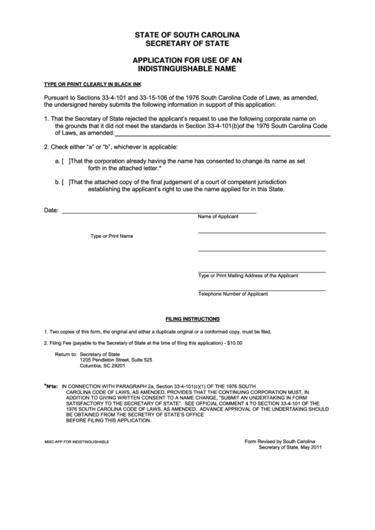 Fillable Application For Use Of An Indistinguishable Name - South Carolina Secretary Of State Printable pdf