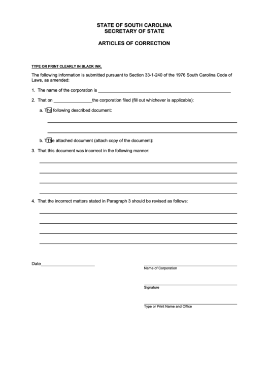 Fillable Articles Of Correction Form - South Carolina Secretary Of State Printable pdf