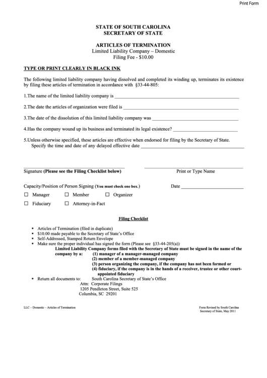 Fillable Form Revised By South Carolina Secretary Of State - Articles Of Termination Printable pdf