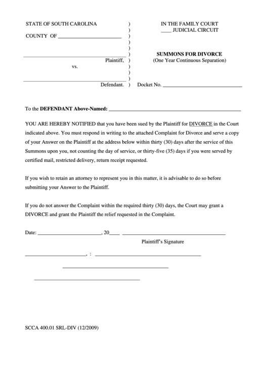 Summons For Divorce Separation printable pdf download