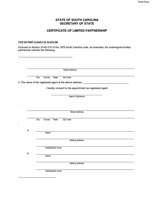 Fillable Form Revised By South Carolina Secretary Of State - Certificate Of Limited Partnership - 2011 Printable pdf