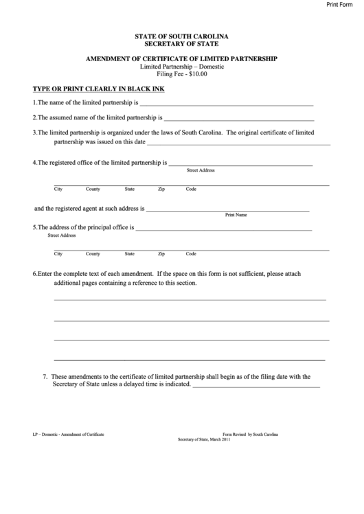 Fillable Form Revised By South Carolina Secretary Of State - Amendment Of Certificate Of Limited Partnership Printable pdf