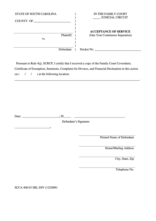 Acceptance Of Service One Year Continuous Separation Printable pdf