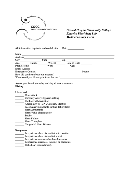 Central Oregon Community College Exercise Physiology Lab Medical History Form Printable pdf