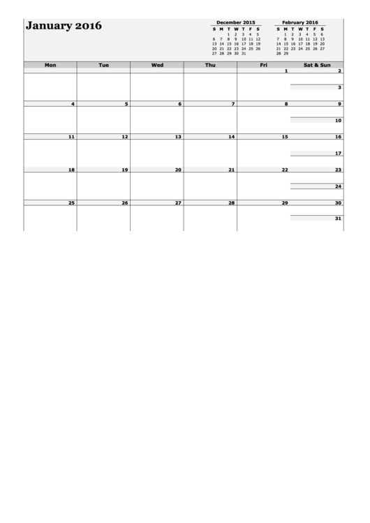 Monthly Calendar Template - 2016 Printable pdf