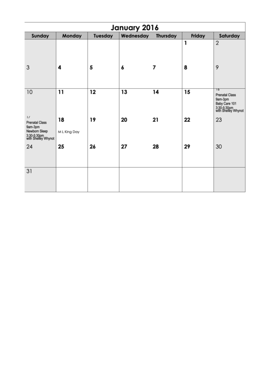 2016 Monthly Calendar - With Us Holidays And Prenatal Classes Schedule Printable pdf