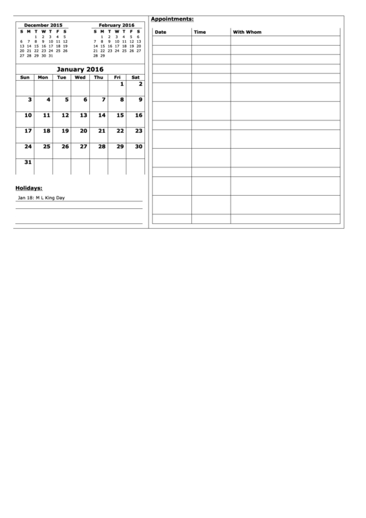 Monthly Calendar Template With Appointment - 2016 Printable pdf