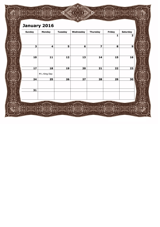 Monthly Calendar Template (Brown Frame) - 2016 Printable pdf