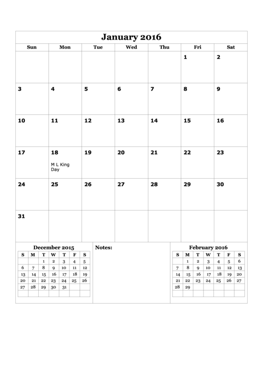 Monthly Calendar Template - 2016 Printable pdf