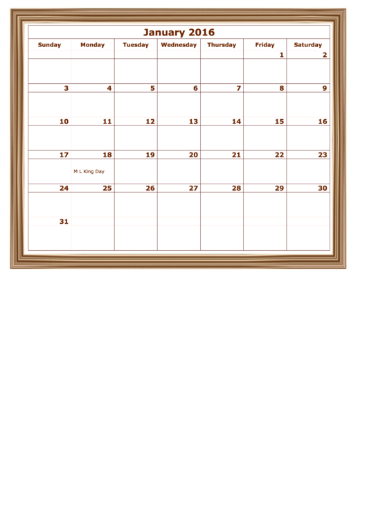 Monthly Calendar Template Brown Border - 2016 Printable pdf