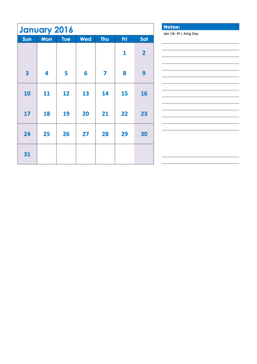Monthly Calendar Template With Notes Blue - 2016 Printable pdf